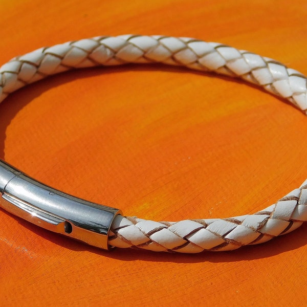 Mens / ladies 5mm White Braided leather & stainless steel bracelet by Lyme Bay Art.