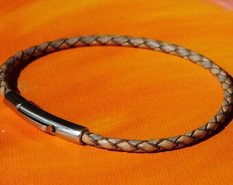 Mens / ladies 3mm Antique Beige Braided leather & stainless steel bracelet by Lyme Bay Art.