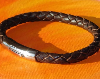 Mens / ladies Chunky 6mm Dark Brown Braided leather & stainless steel bracelet by Lyme Bay Art.