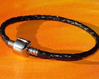 Ladies 3mm Black Braided leather & stainless steel European charm bracelet by Lyme Bay Art.