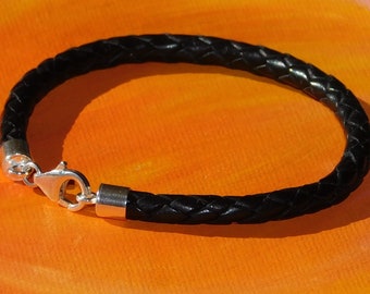 Mens / ladies 5mm Black Braided leather & sterling silver bracelet by Lyme Bay Art.