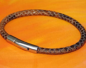 Mens / ladies 4mm Brown Snakeskin print leather & stainless steel bracelet by Lyme Bay Art.
