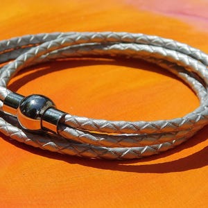 Ladies / Womens Silver leather multi-strand, wraparound bracelet with a stainless steel magnetic clasp by Lyme Bay Art.