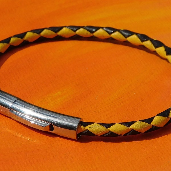 Mens / dames 4mm Jaune et Noir Cuir tressé - bracelet en acier inoxydable par Lyme Bay Art.