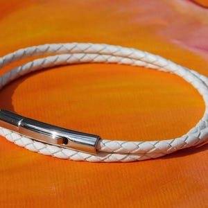 Mens / ladies 3mm White Braided leather & stainless steel double wrap bracelet by Lyme Bay Art.