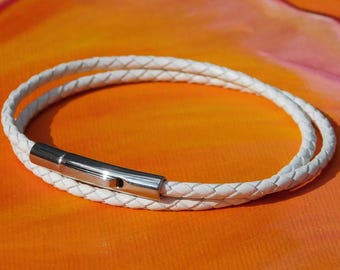 Pulsera doble de cuero trenzado blanco y acero inoxidable de 3 mm para hombre/mujer de Lyme Bay Art.