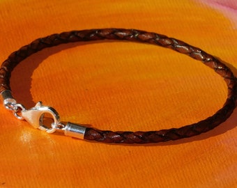 Mens / ladies 3mm Antique Brown Braided leather & sterling silver bracelet by Lyme Bay Art.