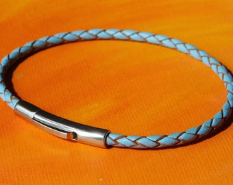 Mens / ladies 3mm Sky Blue Braided leather & stainless steel bracelet by Lyme Bay Art.