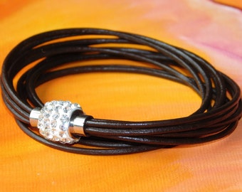 Ladies / womens Brown leather multi-strand, wraparound bracelet with a stainless steel magnetic clasp by Lyme Bay Art.