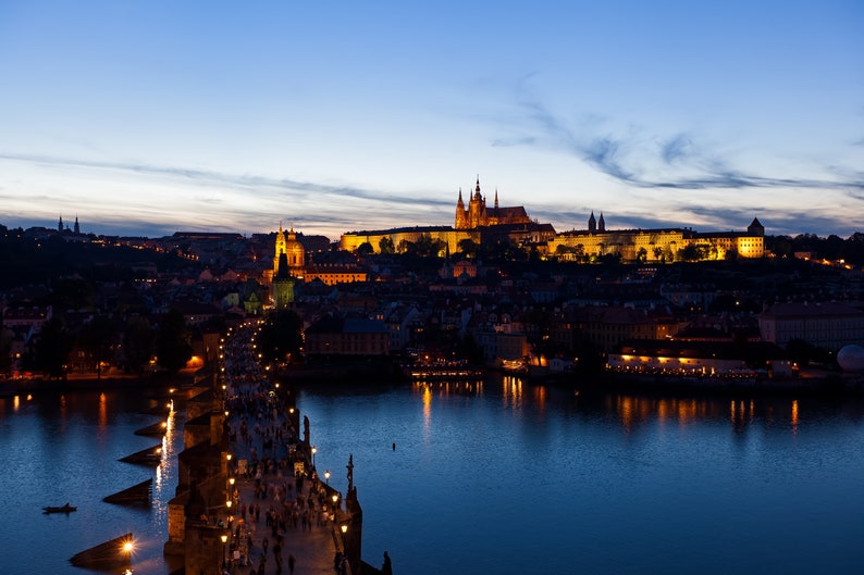 photo Original Prague download DIGITAL DOWNLOAD Prague/'s Charles Bridge at dusk Travel images Prague nightime image Czech Rep