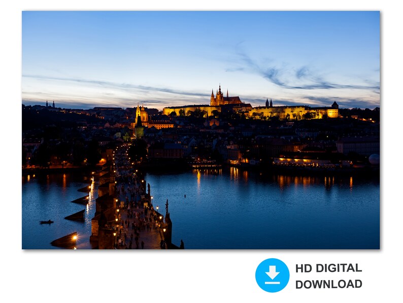 photo Original Prague download DIGITAL DOWNLOAD Prague/'s Charles Bridge at dusk Travel images Prague nightime image Czech Rep