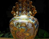 Mid Century Export Satsuma Moriage Vase Chinese Heavy Gold Decoration