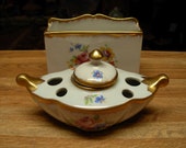 Antique Amoges Porcelain Inkwell Set Hand Painted Gold Trim Two Pieces Marked