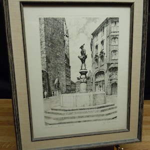 Unidentified Vintage European Etching of City Sqaure Statue Signed by Artist Titled
