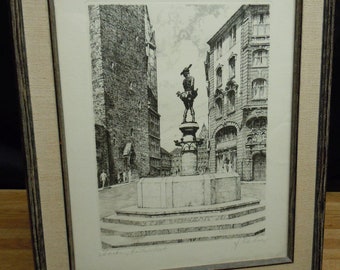 Unidentified Vintage European Etching of City Sqaure Statue Signed by Artist Titled