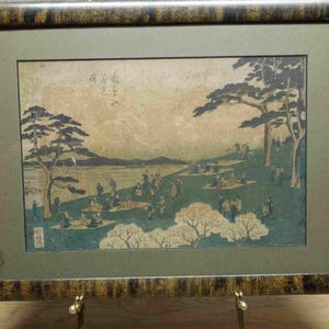Utagawa Hiroshige Woodblock Print: Flower Viewing at Mt. Asuka, Framed Antique