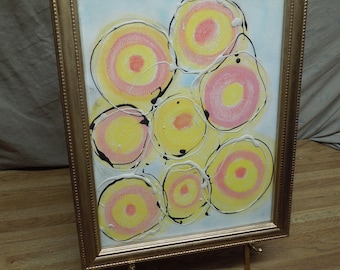 Abstract Mixed Media on Paper Eggs in Yellow and Pink California Artist Van Zant