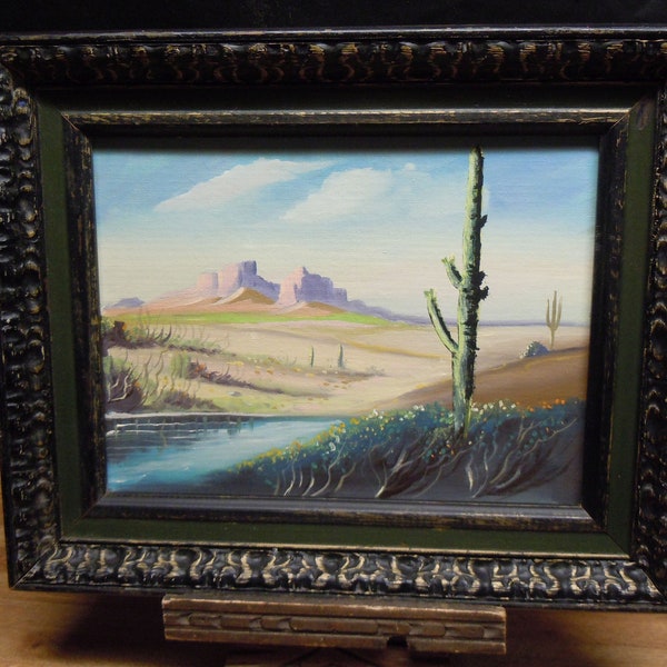 Vintage Desert Landscape Painting Arizona New Mexico in Vintage Distressed Wood Frame Unsigned Rustic Decor