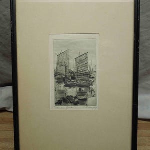Antique Signed Engraving Nautical Chinese Junk Ships Signed by Artist