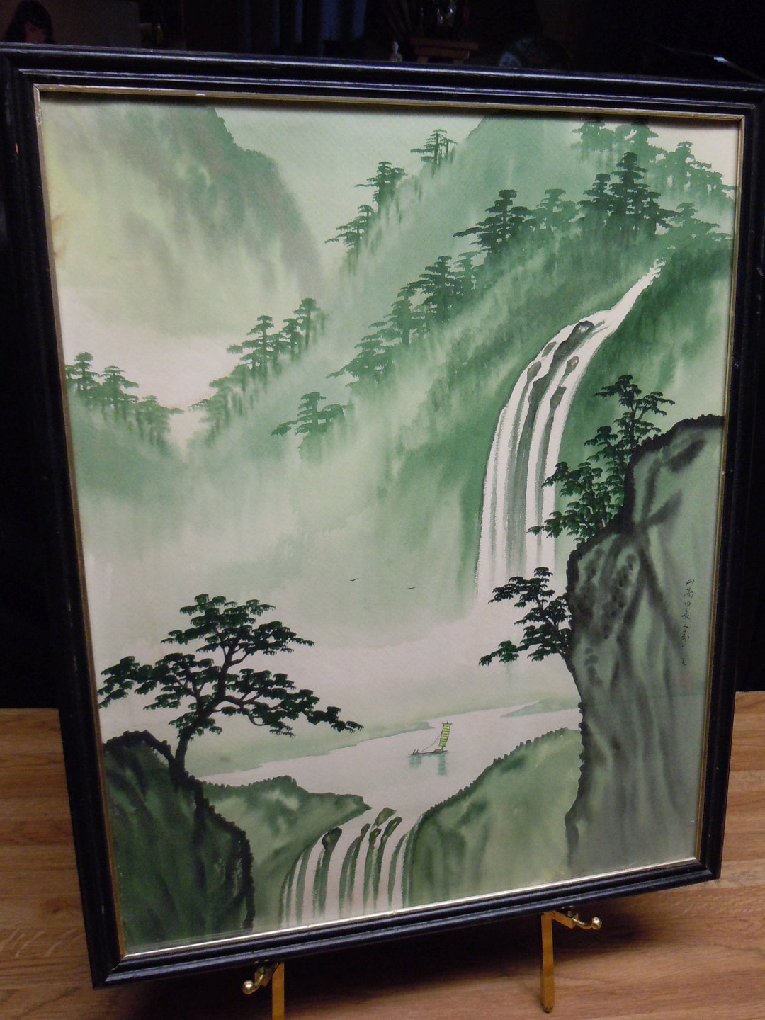Vintage Chinese Watercolor Painting of a Waterfall Signed by Artist