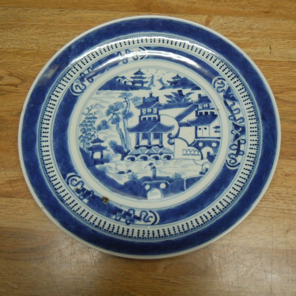Antique Chinese Porcelain Canton Ware Late Qing Blue and White Plate