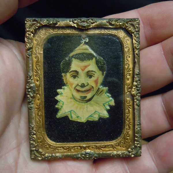 Miniature Carnival Prize 19th Century Circus Clown Lithograph in Tintype Frame daguerreotype gem format