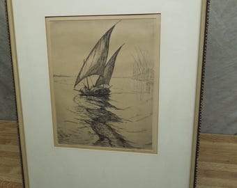 Antique Nautical Signed Etching by late 19th Century artist Flora Nash DeMuth (1888-1976) (Canadian)