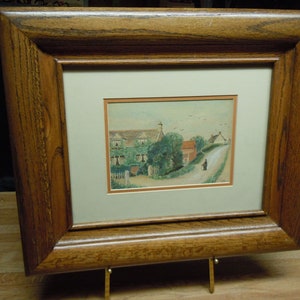 Antique European Watercolor Painting: Rural Scene in Walnut Frame, 1901