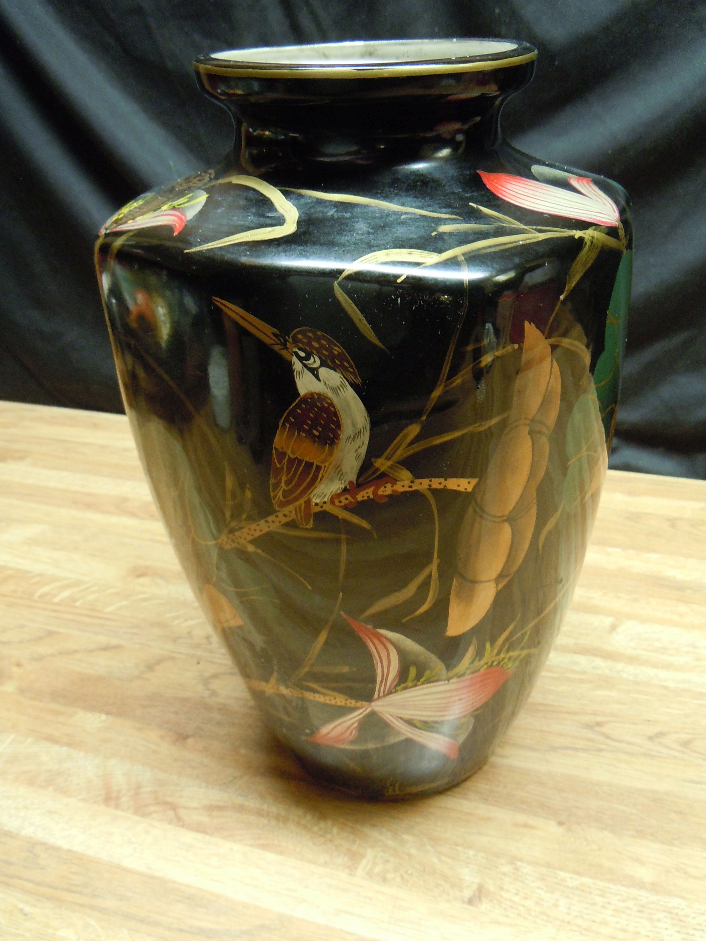 Japanese Black Lacquer Over Wood Vase with Gold Painted Scene - Ruby Lane