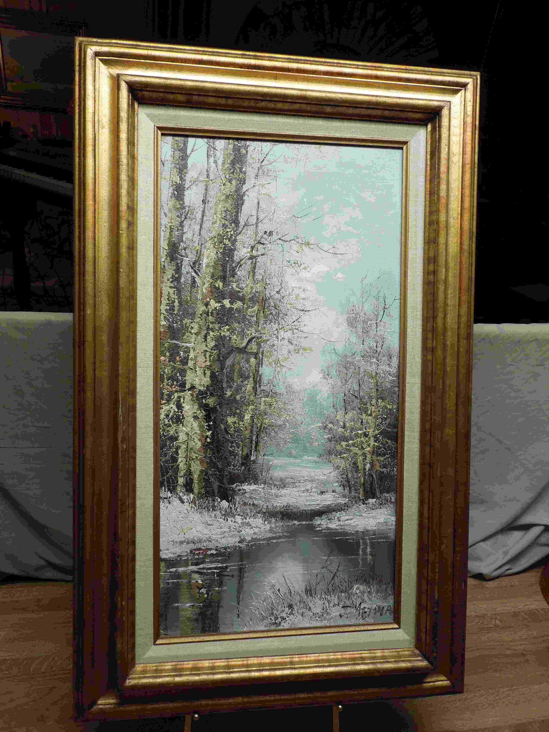 油絵 j.medina作品 J Medina Oil Painting Cabin Lake House 8