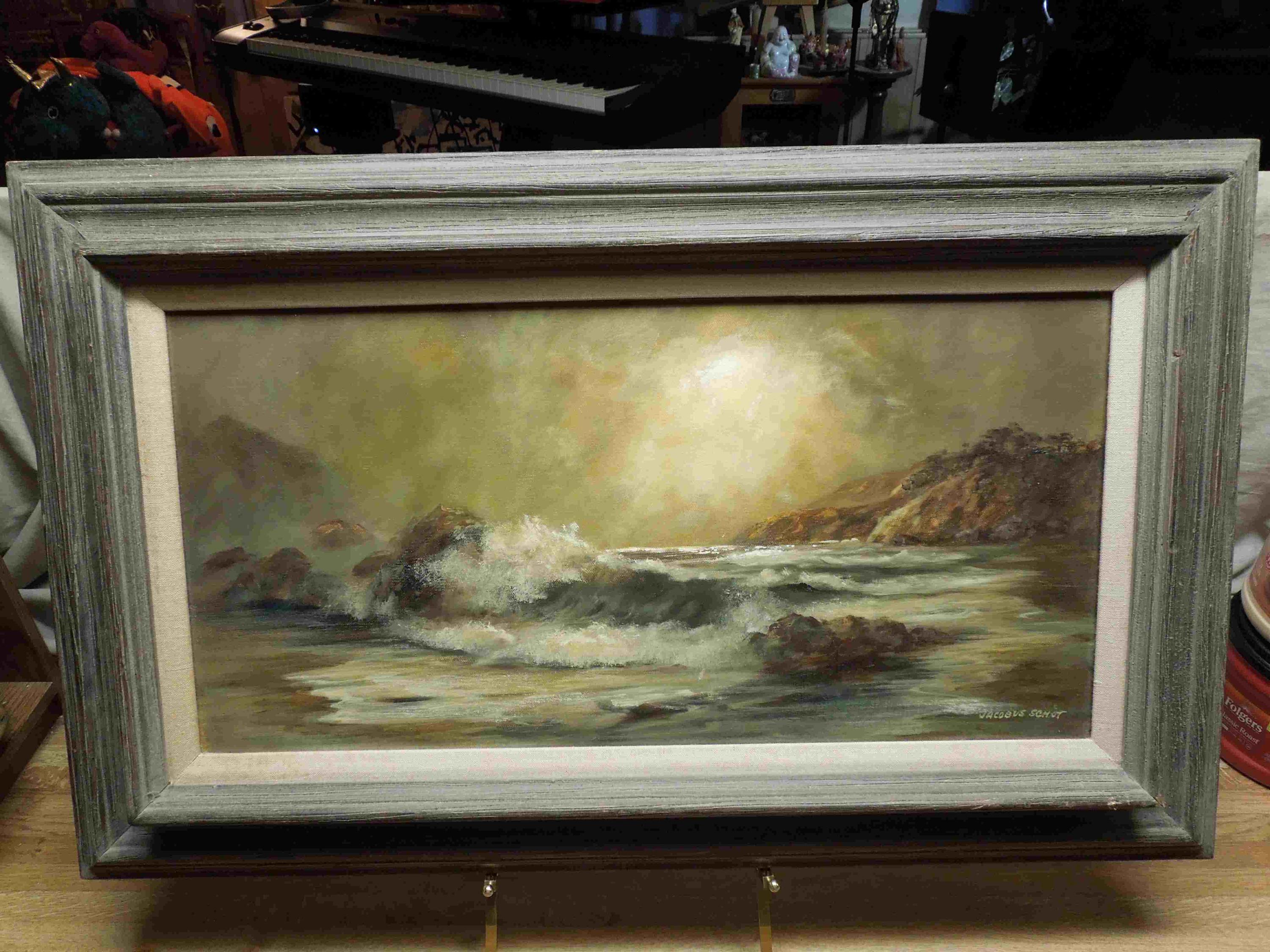 Vintage Original Luminist Oil on Stretched Canvas Listed Artist Jacobus Schot (20th Century, California) Seascape California Art