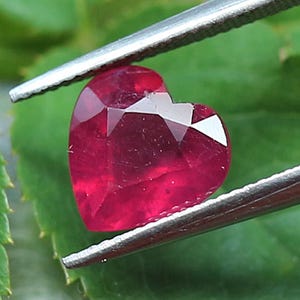 Może przedstawiać: Fasetowany rubin w kształcie serca, trzymany przez pęsetę, na tle zielonych liści. Głęboko czerwony kamień szlachetny ma wiele faset, co zwiększa jego blask. Obraz jest dobrze oświetlony, podkreślając kolor i przejrzystość kamienia.