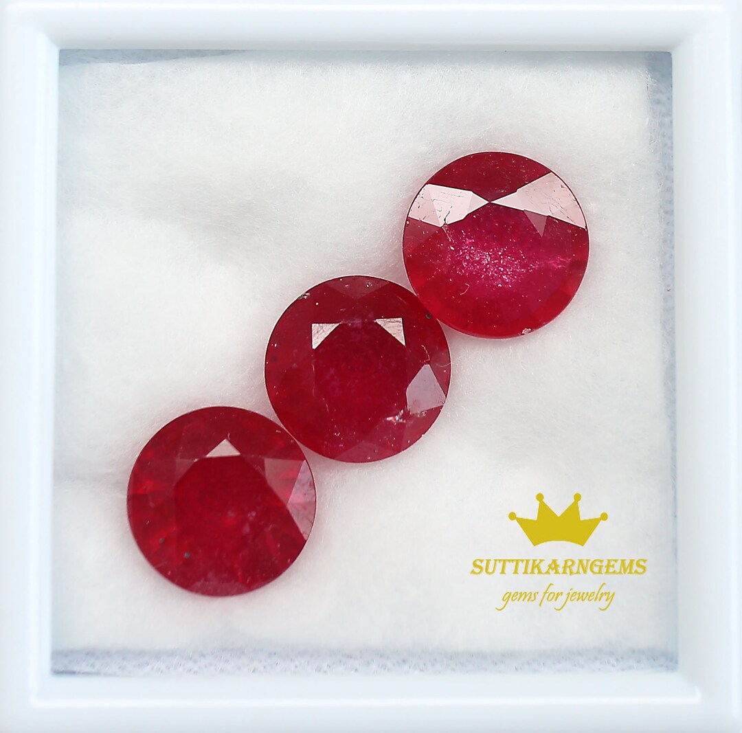 10 MM 3 Pcs Natural Red Ruby Round Cut Loose Gemstone Lot , Lead Glass ...
