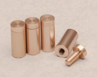 May include: Four gold-coloured metal standoffs with a single screw. The standoffs are cylindrical and have a smooth finish. The screw is also gold-coloured and has a hexagonal head.
