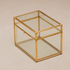 May include: A rectangular glass and gold-tone metal box with a hinged lid. The box has a clear glass body and a gold-colored metal frame. The lid is also glass and has a small latch. The box is sitting on a neutral surface.