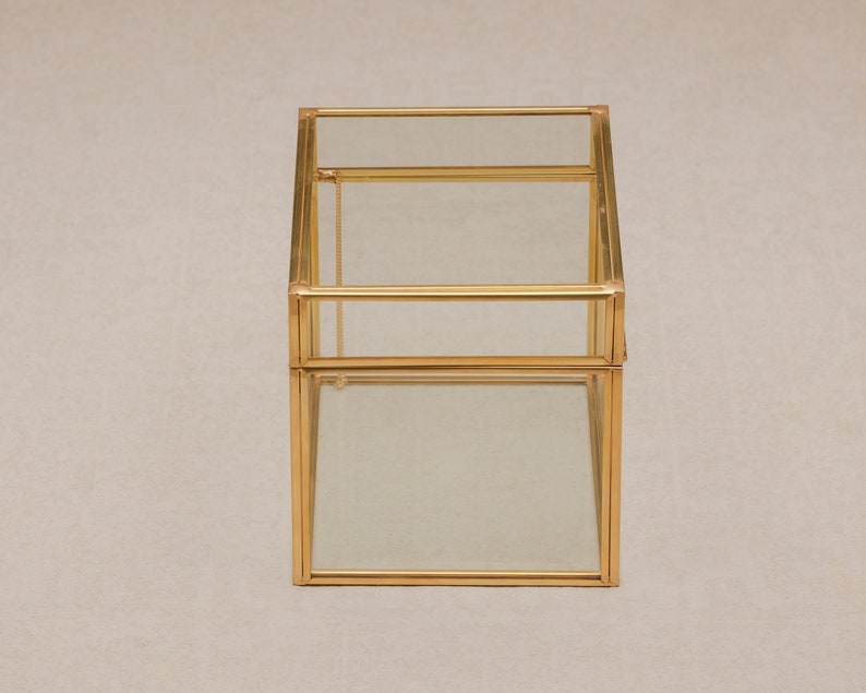 May include: A rectangular glass terrarium with a hinged top and gold-colored metal frame. The terrarium has three glass panels and a small chain to hold the top open. The design is geometric and modern.