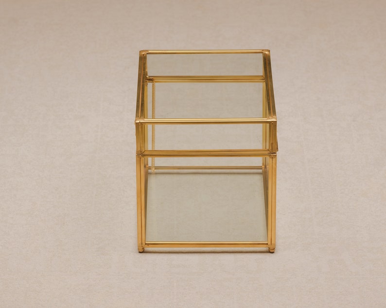 May include: A gold-colored, geometric terrarium with clear glass panels. The terrarium has a rectangular base and a hinged top, creating a display case for small plants or decorative items. The frame is made of a shiny, metallic material.