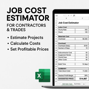 May include: A laptop screen displays a job cost estimator spreadsheet. Text on the screen includes "Job Cost Estimator," "Estimate Projects," and "Calculate Costs." A green Excel icon is in the lower left corner. The suggested price is $14,667.
