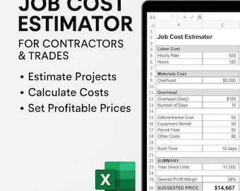 Kalkylblad för kostnadsberäkning av jobb | Redigerbar Excel-mall för entreprenörer och hantverkare