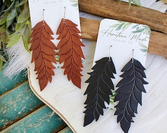 Feather Earrings, Large Feather Earring, Simple Feather Earring, Leather Feather Earring, Solid Color Earrings