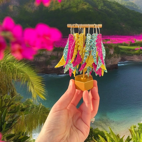Hot pink, Sunshine Yellow, Turquoise, Glitter Feather Earrings,  Vacay Vibe Earrings, Summer Earrings, Tropical color Earrings, Faux Leather