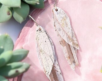 Faint Pink Metallic Splash Feather Earrings, Long Feather Earrings, Colorful Feather Earrings, Handmade Genuine Leather Earrings