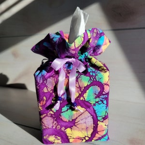 Tissue Cover: Purple/Tie Dye Batik Print - Fits square style tissue boxes 4.5&quot; wide x 4.5&quot; deep x 5&quot; tall.