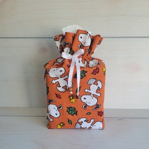 Tissue Cover: Snoopy kicking fall leaves - Fits square tissue boxes 4.5&quot; wide x 4.5&quot; deep x 5&quot; tall
