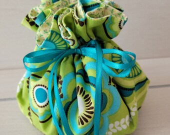 Travel Pouch:  bright greens, aqua & brown geometric print - great for jewelry, DnD dice, makeup, small crafts, golf tees, charger cords