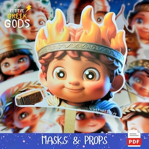 May include: A collection of cartoon character masks and props featuring the text "My Little Greek Gods" and "Masks & Props". The main mask depicts a smiling cartoon character with a flame-like crown and the name "Hephaestus".