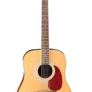 May include: Acoustic guitar with a natural wood finish, featuring a red pickguard and a signature on the body. The guitar has six strings and a dark sound hole. The headstock has tuning pegs.
