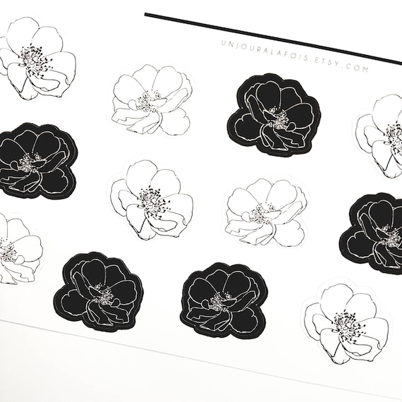 Fleurs Nb 15 Autocollants Dessin Noir Et Blanc Décoratif Botanique Bullet Journal Bujo Un Jour A La Fois