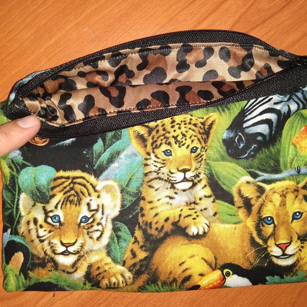 Leone degli animali della giungla, leopardo tigre, zebra, elefante, giraffa, panda, borsa con cerniera in tela scimmia, borsa per trucchi, borsa per cosmetici, borsa da toilette