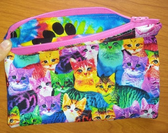 Rainbow Cat Canvas Zipper Pouch Bag, Makeup Bag, Cosmetic Bag, Toiletry Bag